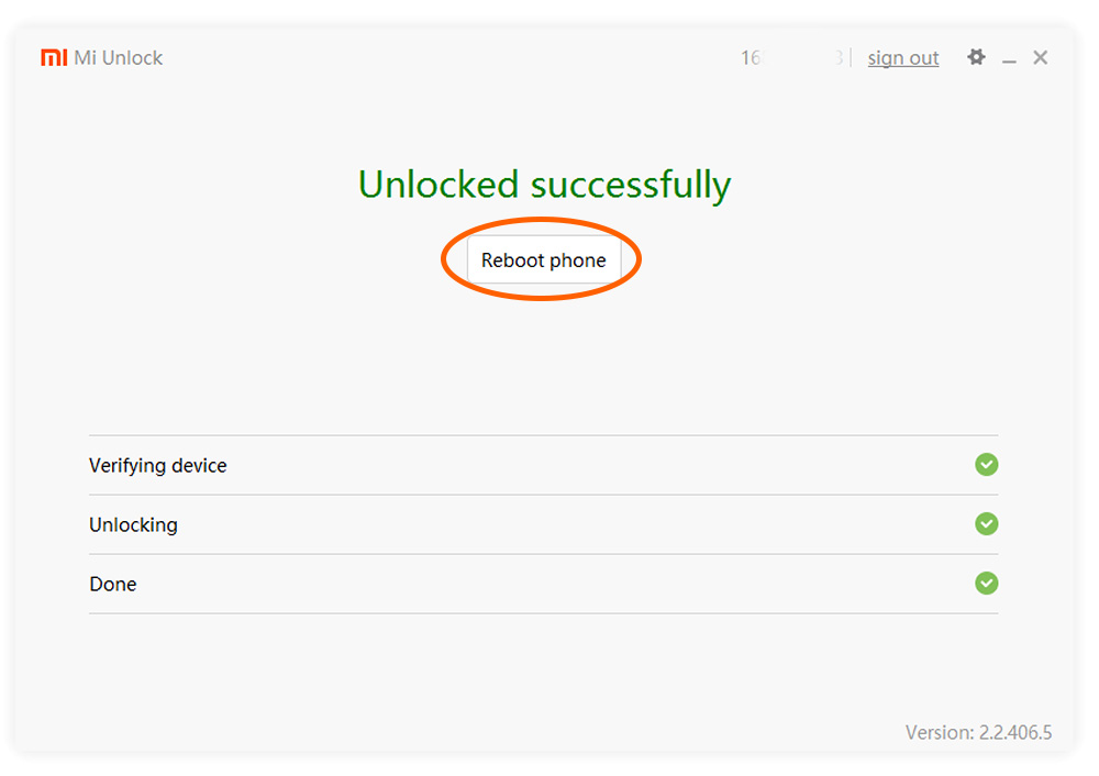 Mi Flash Unlock -успешная разблокировка и перезагрузка